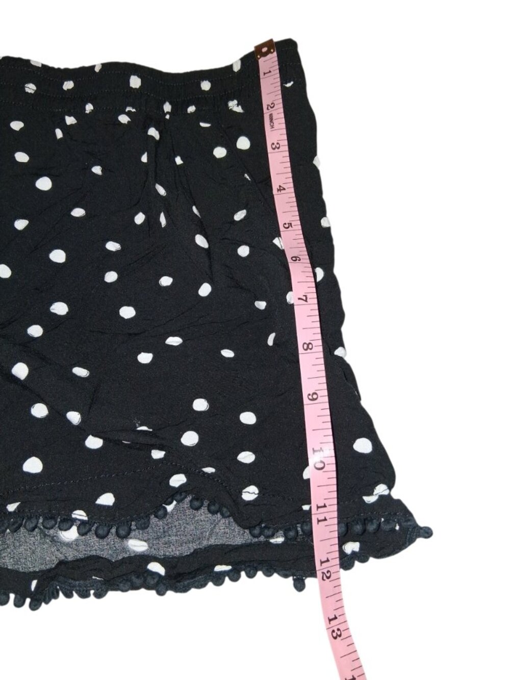 Black White Polka Dot Drawstring Boho Pom Pom Shorts Women's - Picture 7 of 8